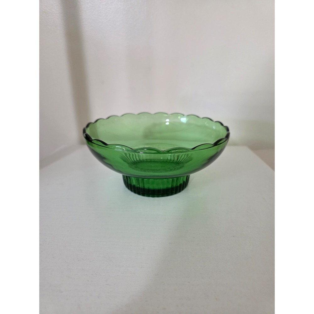 Vintage E.O. Brody Co. M2000 Green Glass Scalloped Pedestal Bowl 50s